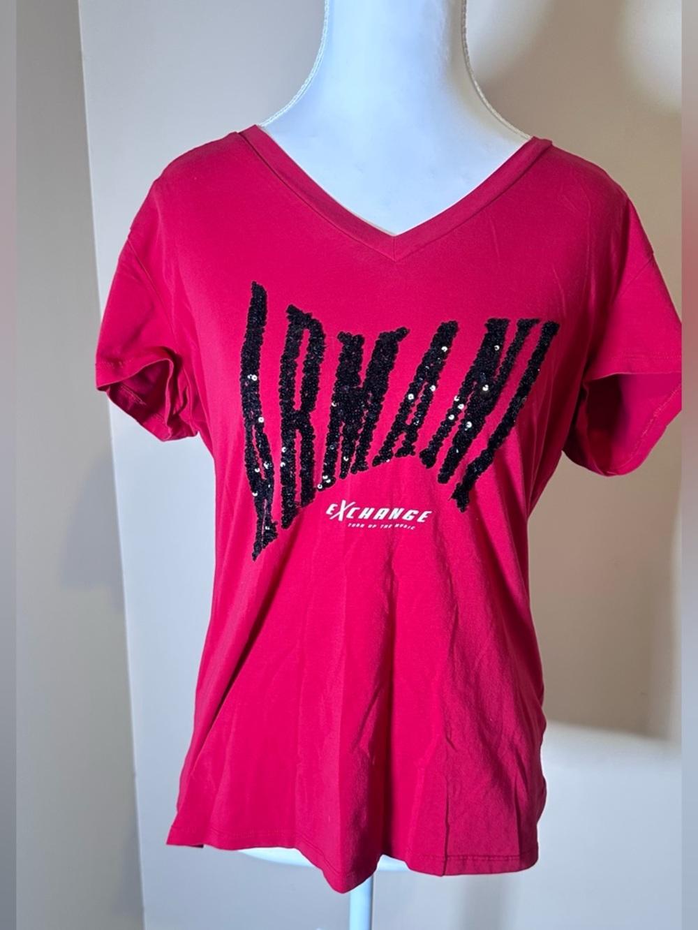 Armani Exchange Bright Pink V-Neck Logo Tee - Picture 3 of 3